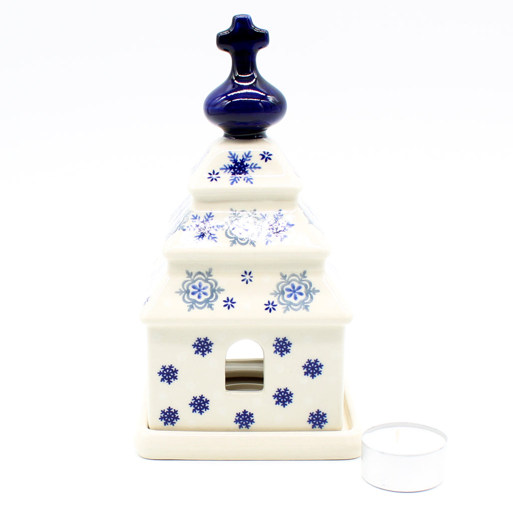 Church Tea Candle Holder in Blue Winter