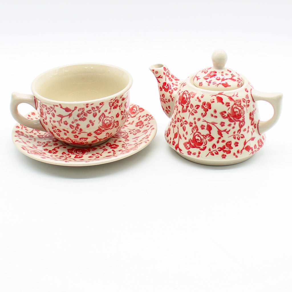 Teapot w/Cup & Saucer in Antique Red