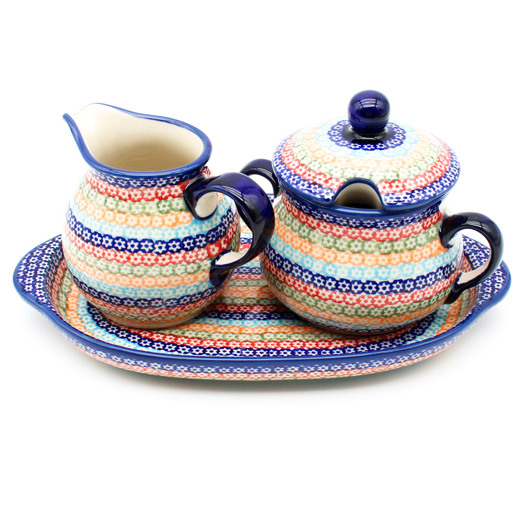 Creamer & Sugar Set w/Tray in Multi-Colored Flowers