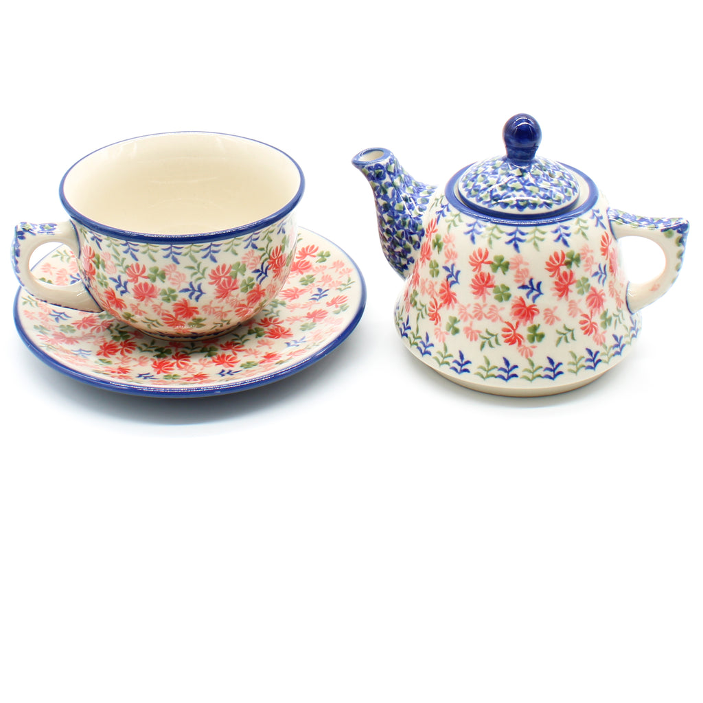 Teapot w/Cup & Saucer in Coral Thistle