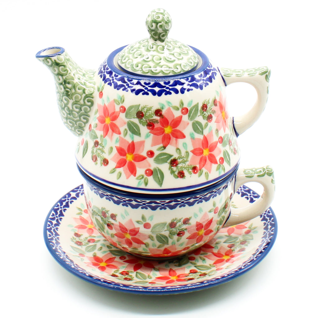 Teapot w/Cup & Saucer in Poinsettia