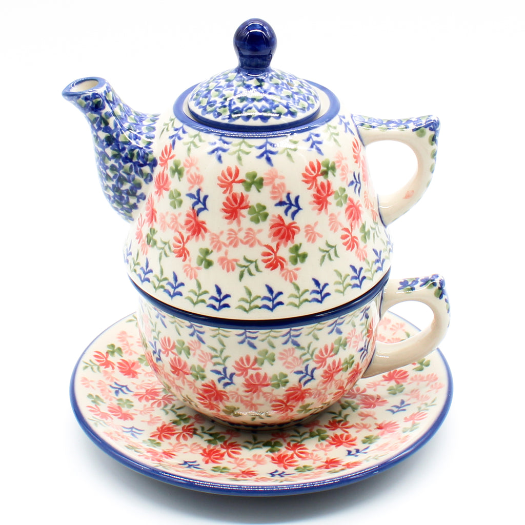 Teapot w/Cup & Saucer in Coral Thistle