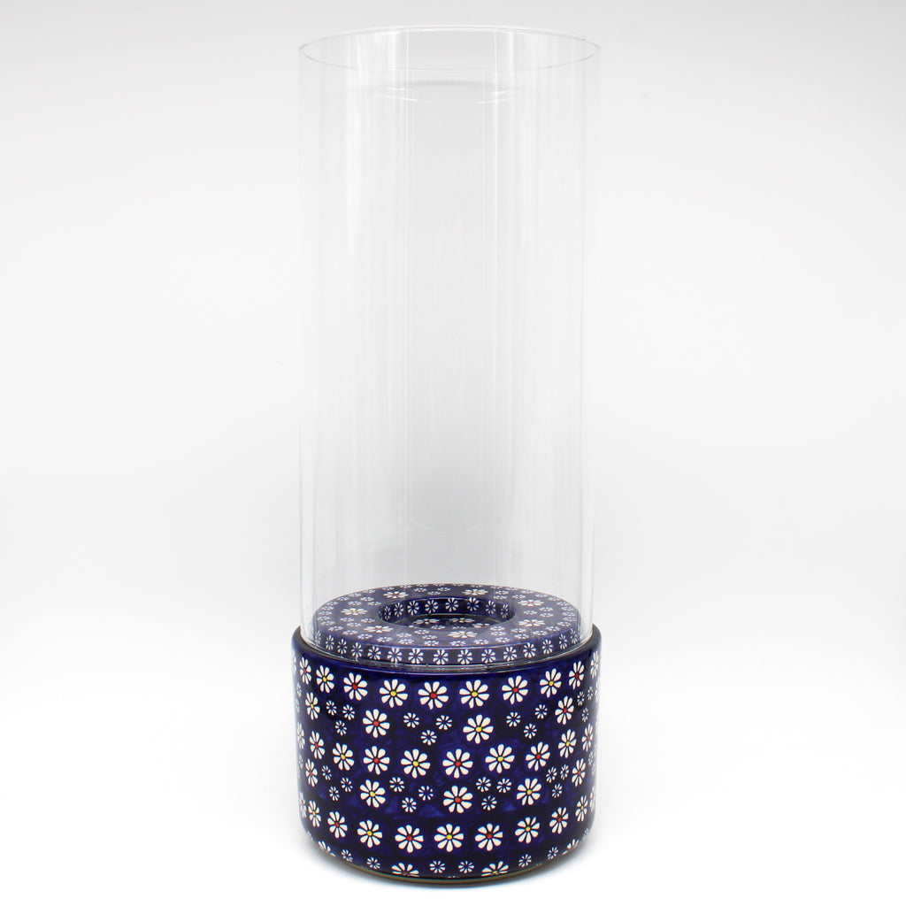 Lg Glass Candle Holder in Flowers on Blue