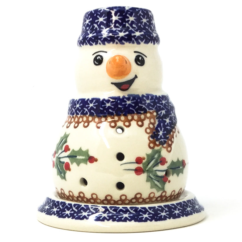 Polish Pottery Snowman Tea Candle Holder in Holly Pattern in Holly Holly