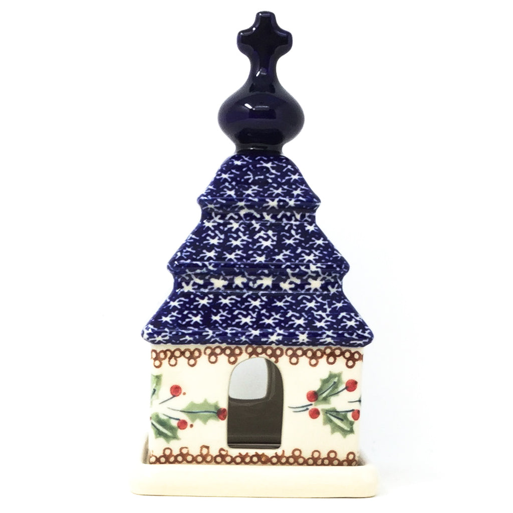 Polish Pottery Church Tea Candle Holder in Holly Holly