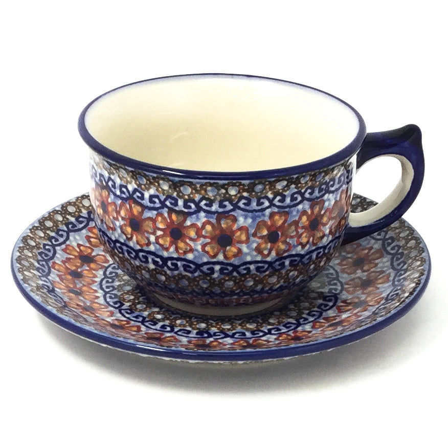 Polish Pottery Tea Cup w/ Saucer 8 oz in Earth Tones Earth Tones